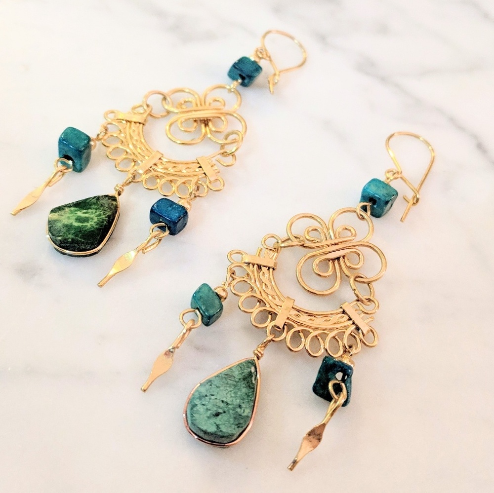 Gold and Green Semi Precious Stone Earrings